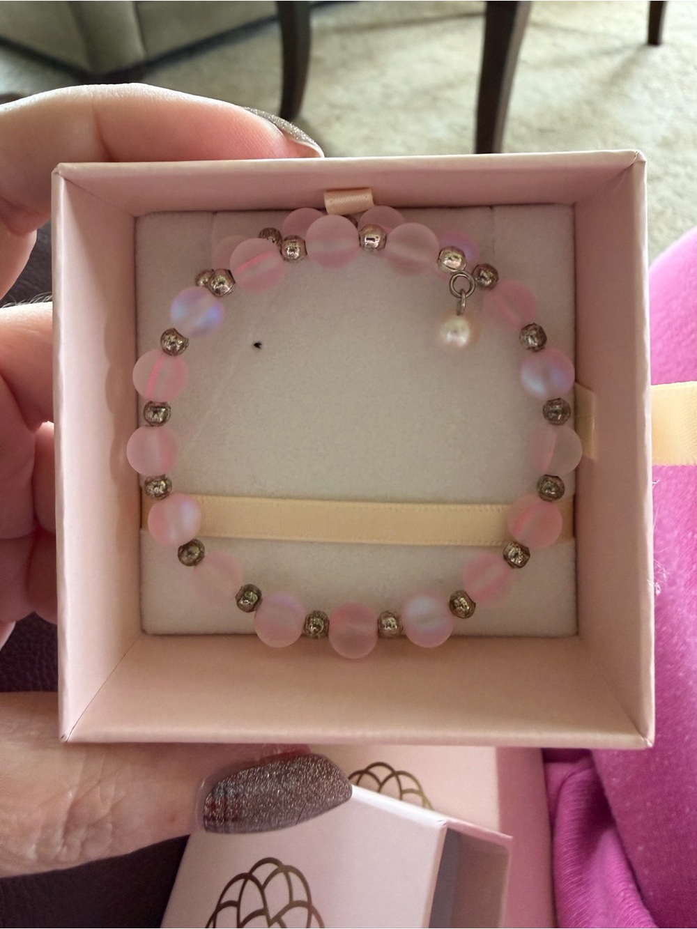 Pink Frosted Bead Stretch Bracelet with Pearl Charm